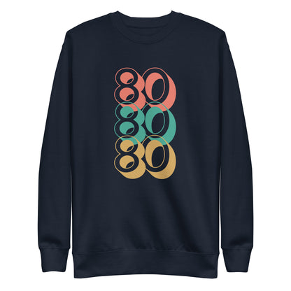 Navy Blazer sweatshirt, front view with stacked red, green and yellow "80" numerals.