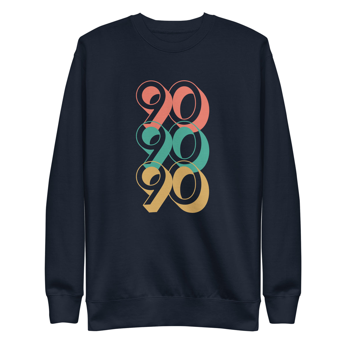 Navy Blazer sweatshirt, front view, with three stacked '90' graphics in red, green and yellow.
