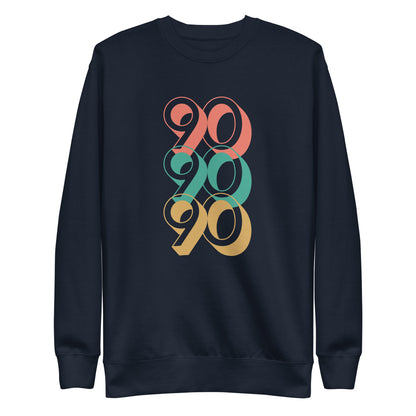 Navy Blazer sweatshirt, front view, with three stacked '90' graphics in red, green and yellow.