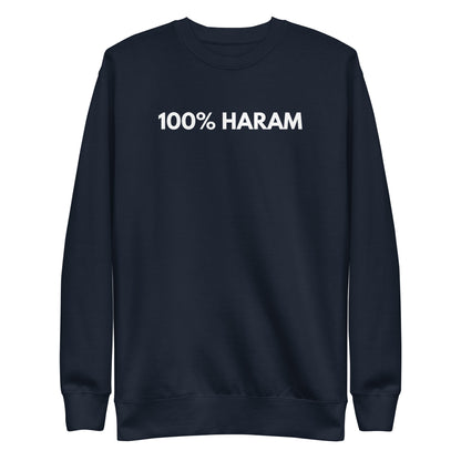 Navy Blazer sweatshirt with white 100% Haram lettering, front view.
