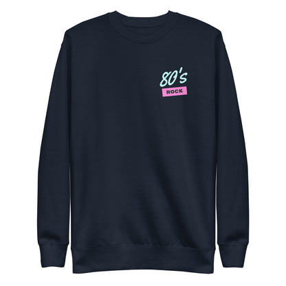 Navy Blazer sweatshirt, front view with a mint-and-pink "80â€™s Rock" chest design.