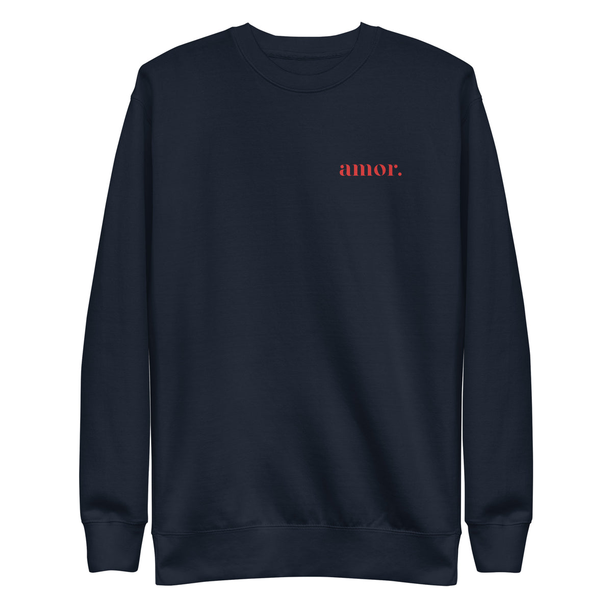 Navy Blazer sweatshirt, front view with small red "amor." chest lettering.