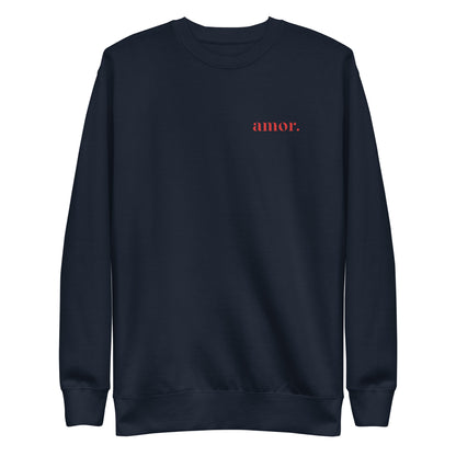 Navy Blazer sweatshirt, front view with small red "amor." chest lettering.
