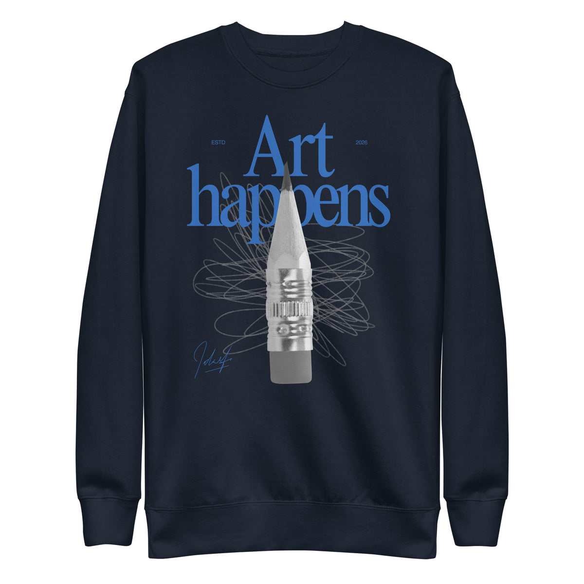 Navy Blazer sweatshirt, front view, with blue 'Art Happens' lettering, a pencil and scribbled lines.