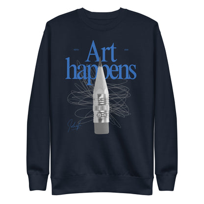Navy Blazer sweatshirt, front view, with blue 'Art Happens' lettering, a pencil and scribbled lines.