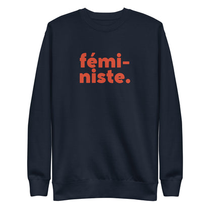 Navy Blazer sweatshirt with red fémi-niste lettering, front view.