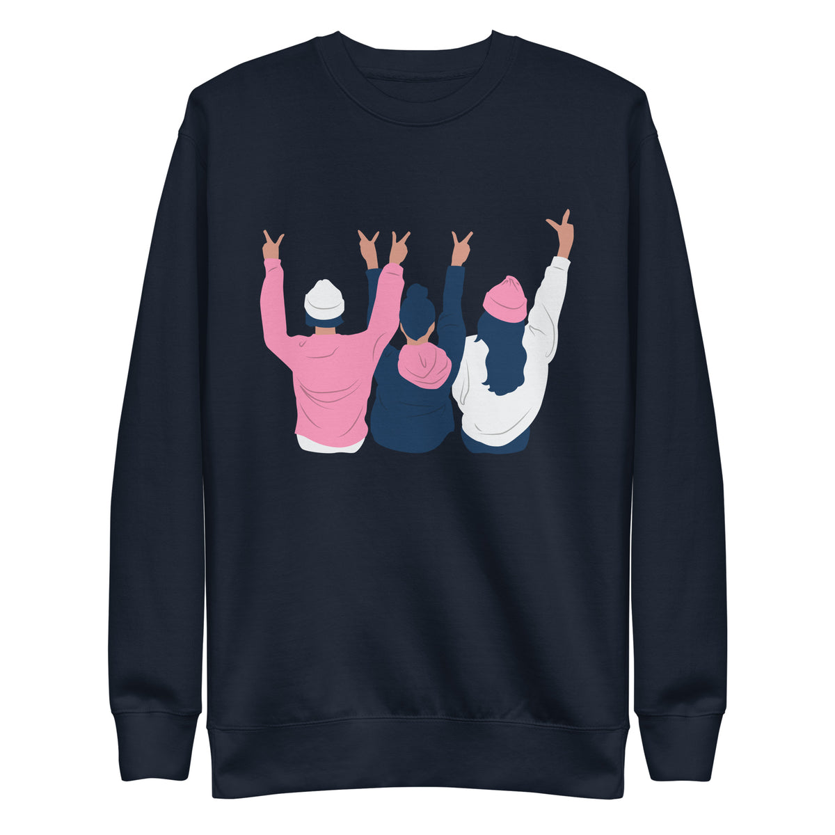 Navy Blazer sweatshirt with three illustrated people raising peace signs, front view.