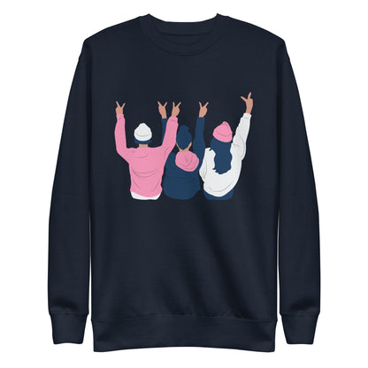Navy Blazer sweatshirt with three illustrated people raising peace signs, front view.
