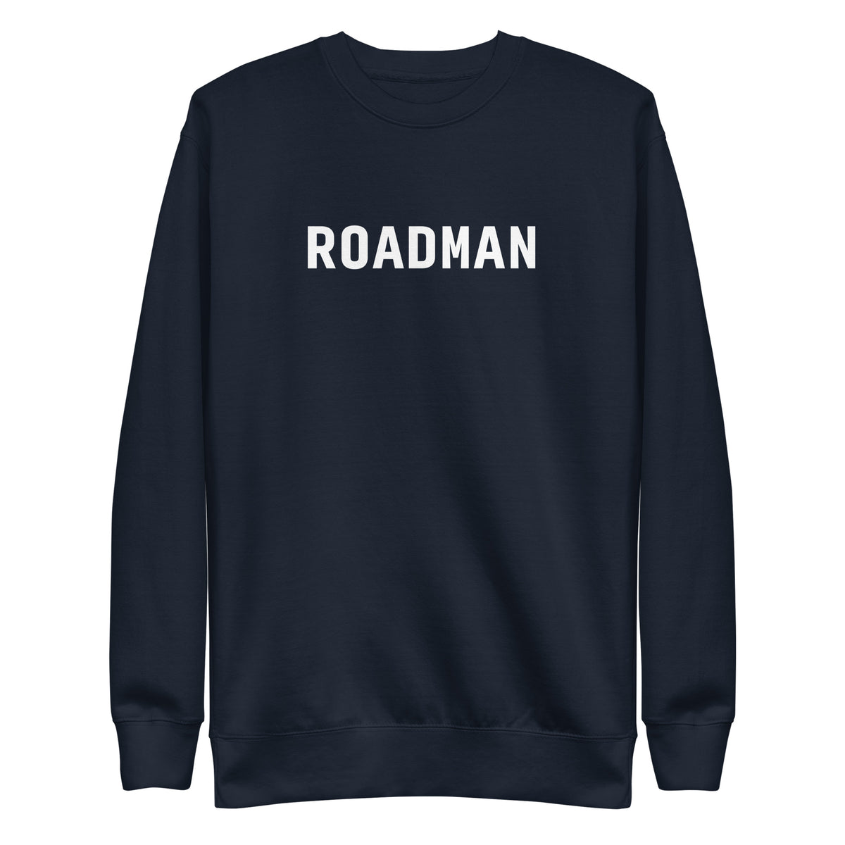 Navy Blazer sweatshirt with white Roadman lettering, front view.