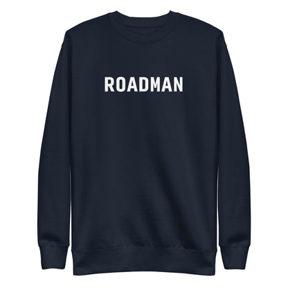 Navy Blazer sweatshirt with white Roadman lettering, front view.