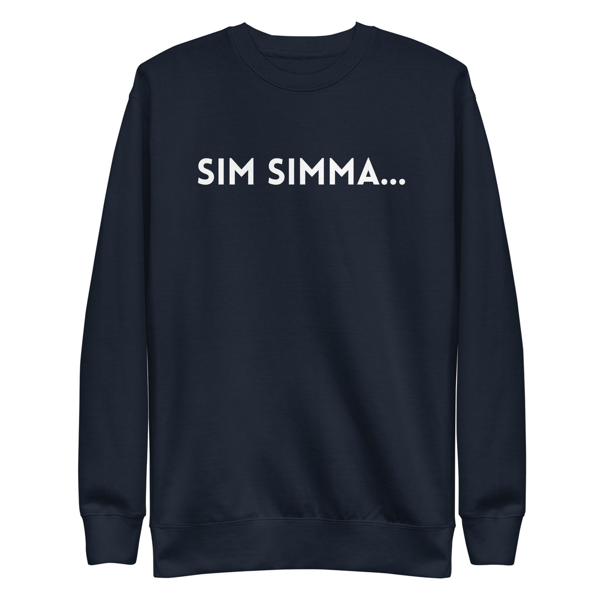 Navy Blazer sweatshirt with white Sim Simma lettering, front view.