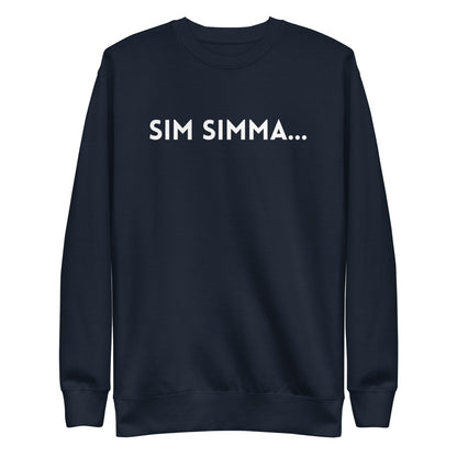 Navy Blazer sweatshirt with white Sim Simma lettering, front view.