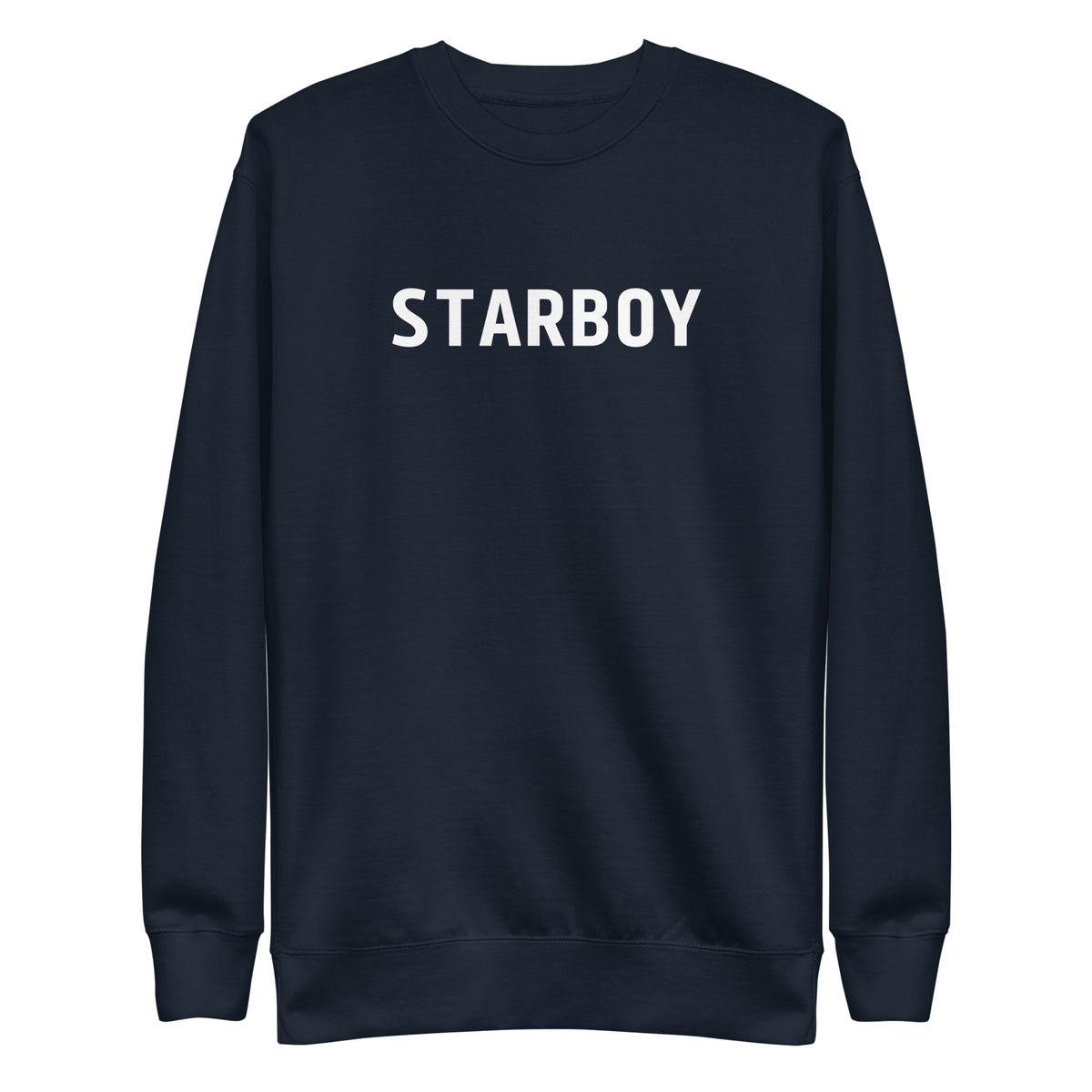 Navy Blazer sweatshirt with white Starboy lettering, front view.