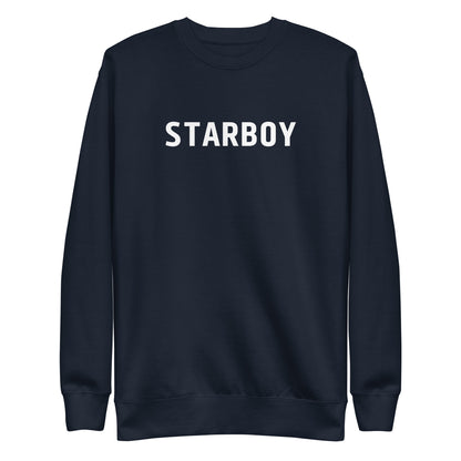 Navy Blazer sweatshirt with white Starboy lettering, front view.