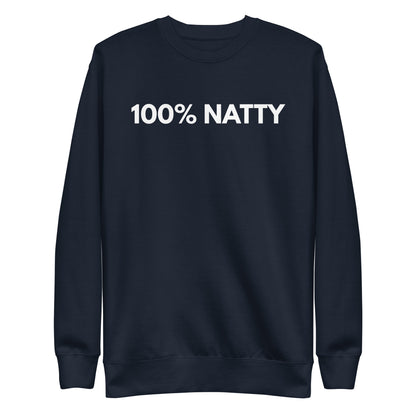 Navy Blazer sweatshirt, front view with white "100% NATTY" lettering.