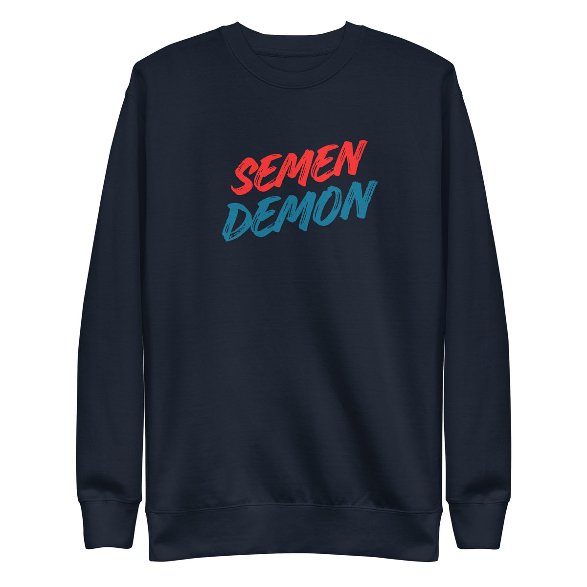 Navy Blazer sweatshirt, front view with red and blue Semen Demon lettering.