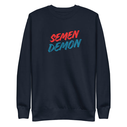 Navy Blazer sweatshirt, front view with red and blue Semen Demon lettering.