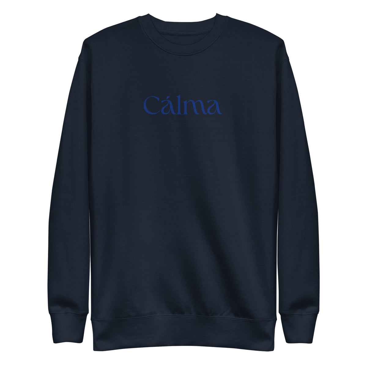 Navy Blazer sweatshirt, front view with blue Calma lettering.