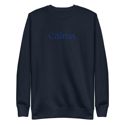 Navy Blazer sweatshirt, front view with blue Calma lettering.