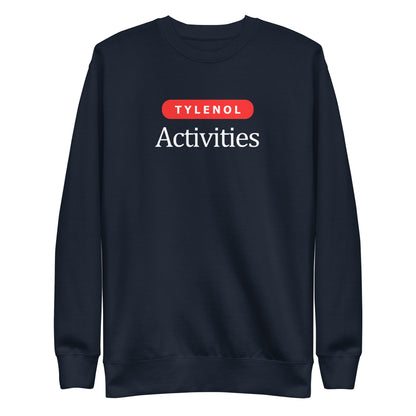 Navy Blazer sweatshirt, front view with white Tylenol Activities lettering and a red capsule shape.