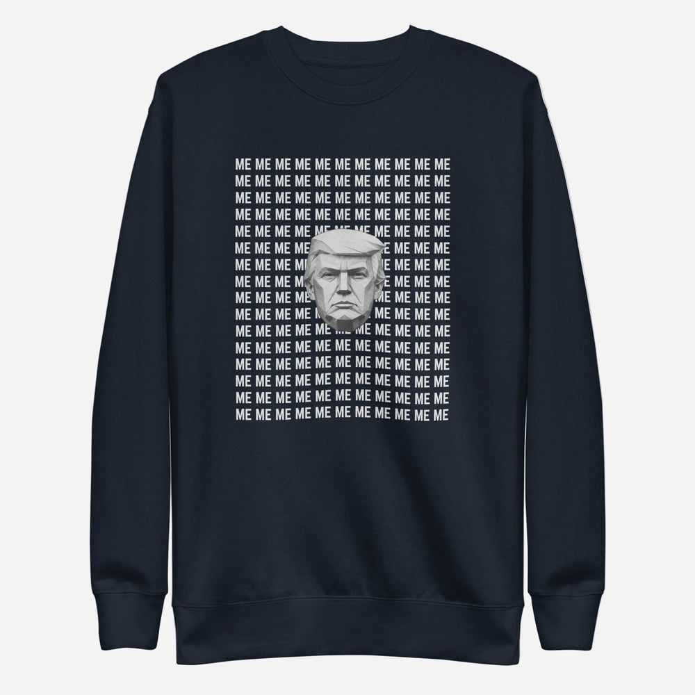 Navy Blazer sweatshirt, front view, with a monochrome portrait surrounded by repeated white 'ME' lettering.