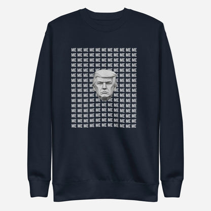 Navy Blazer sweatshirt, front view, with a monochrome portrait surrounded by repeated white 'ME' lettering.