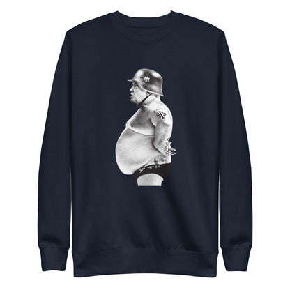 Full Metal Pedo sweatshirt in Navy Blazer, front view with a monochrome helmeted figure graphic.