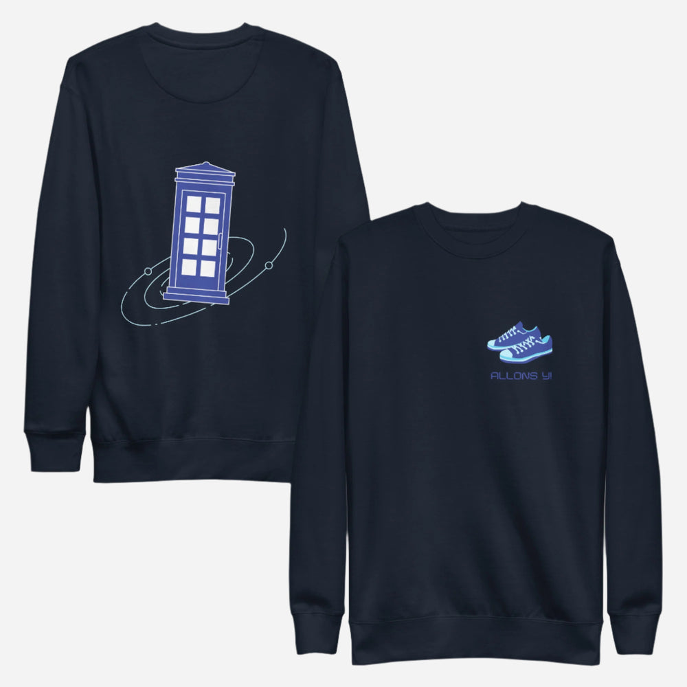 Navy Blazer sweatshirt, front and back views, with a blue police box on the back and blue trainers with 'Allons Y' text on the front.