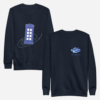 Navy Blazer sweatshirt, front and back views, with a blue police box on the back and blue trainers with 'Allons Y' text on the front.