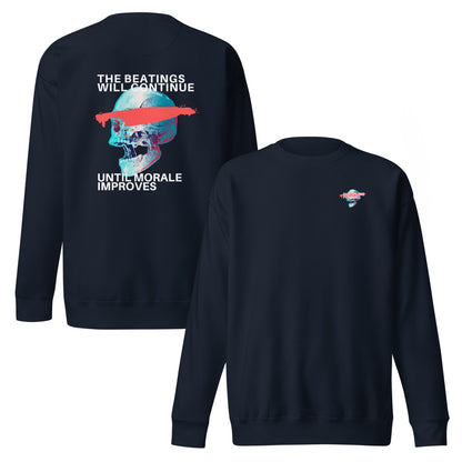 Navy Blazer sweatshirt, front and back views, with a large skull and slogan on the back, plus a small chest graphic.