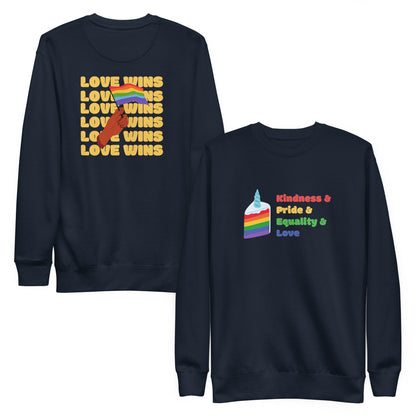Navy Blazer sweatshirt, front and back views, with a rainbow-striped graphic on the front and 'Love Wins' lettering on the back.