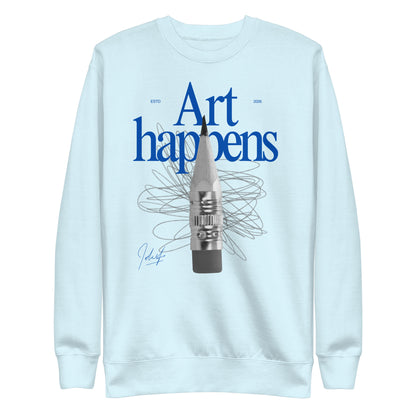 Sky Blue sweatshirt, front view, with blue 'Art Happens' lettering, a pencil and scribbled lines.