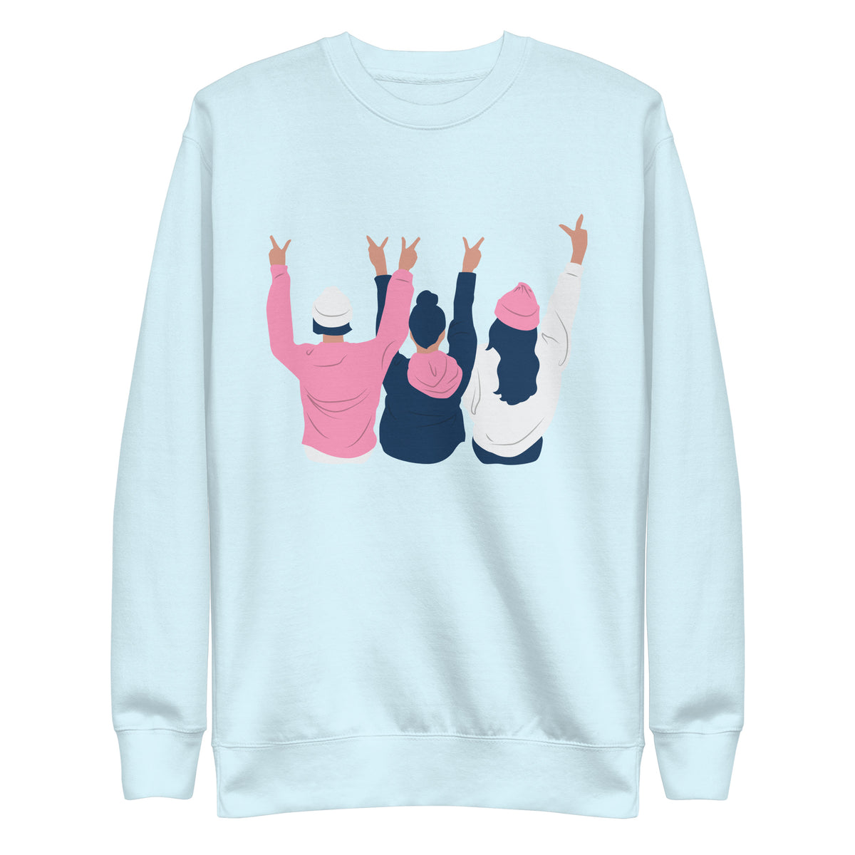 Sky Blue sweatshirt with three illustrated people raising peace signs, front view.
