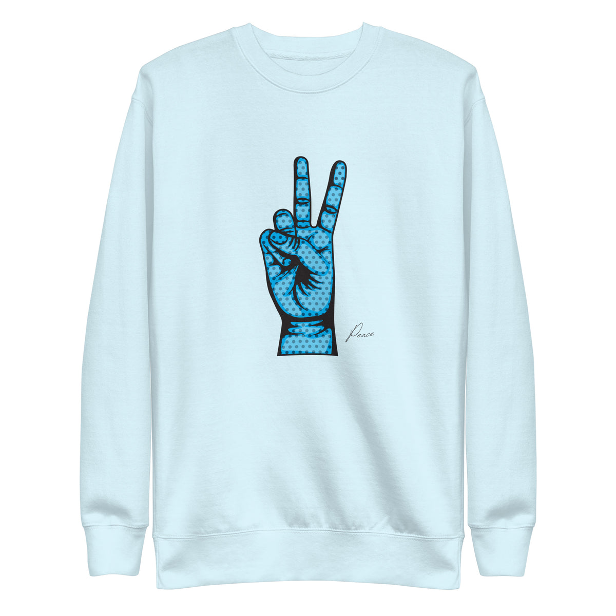 Sky Blue sweatshirt with a blue hand making a peace sign, front view.