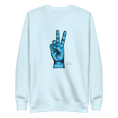 Sky Blue sweatshirt with a blue hand making a peace sign, front view.