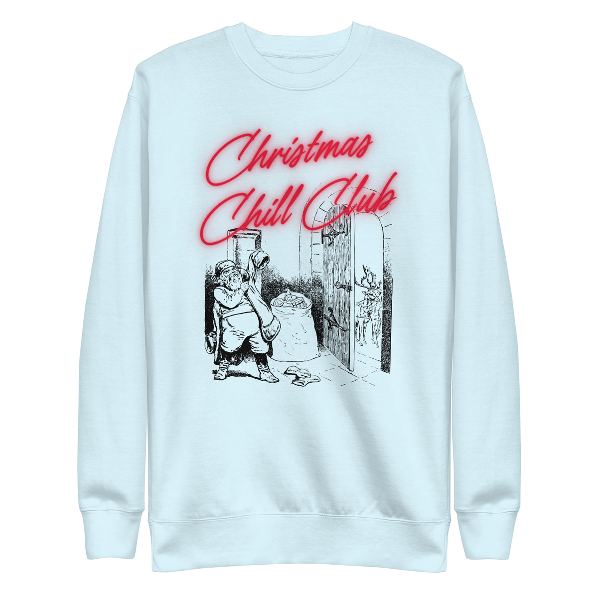 Sky Blue sweatshirt with red Christmas Chill Club script and Santa illustration, front view.
