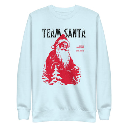 Sky Blue sweatshirt with a red Santa illustration and black Team Santa text, front view.
