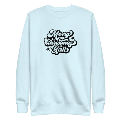 Sky Blue sweatshirt, front view with black Merry Christmas Y'all script lettering.