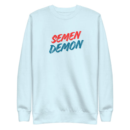 Sky Blue sweatshirt, front view with red and blue Semen Demon lettering.