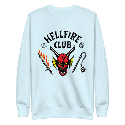 Sky Blue sweatshirt with Hellfire Club lettering and a red horned-face graphic, front view.