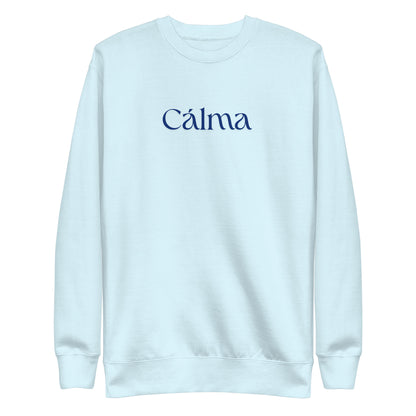 Sky Blue sweatshirt, front view with blue Calma lettering.