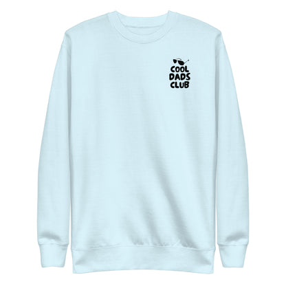 Sky Blue sweatshirt, front view with small black Cool Dads Club chest lettering.