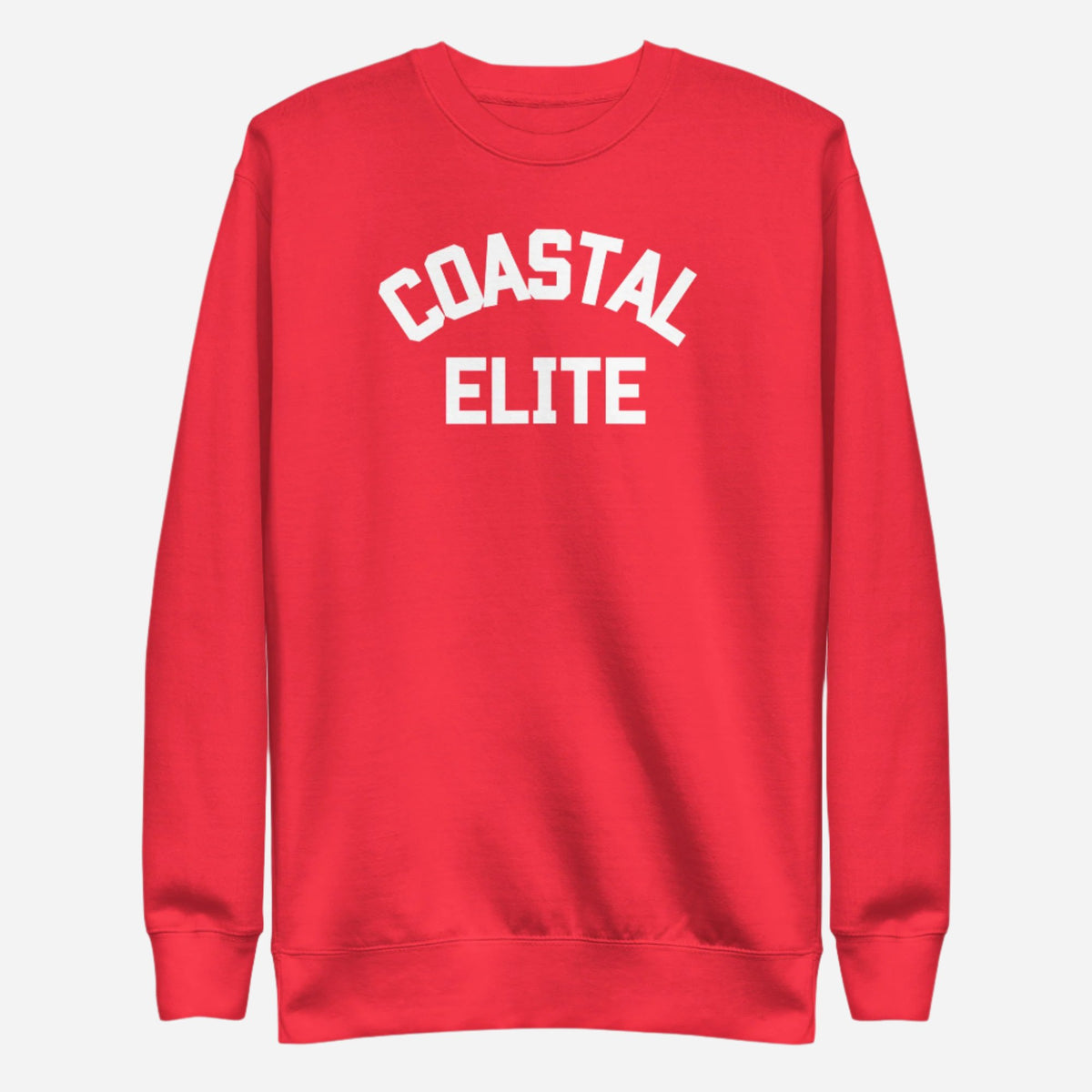 Team Red sweatshirt with white arched Coastal Elite lettering, front view.