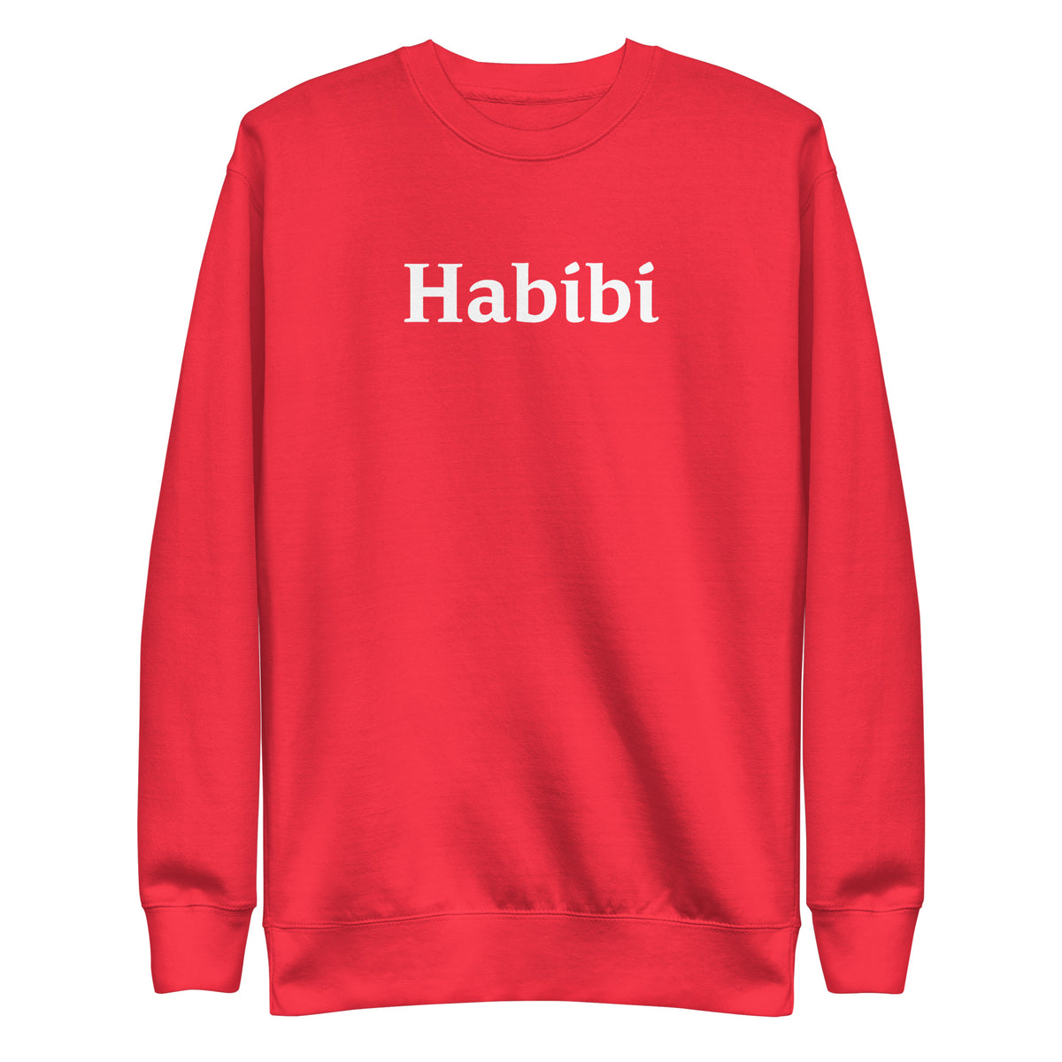Team Red sweatshirt with white Habibi lettering, front view.