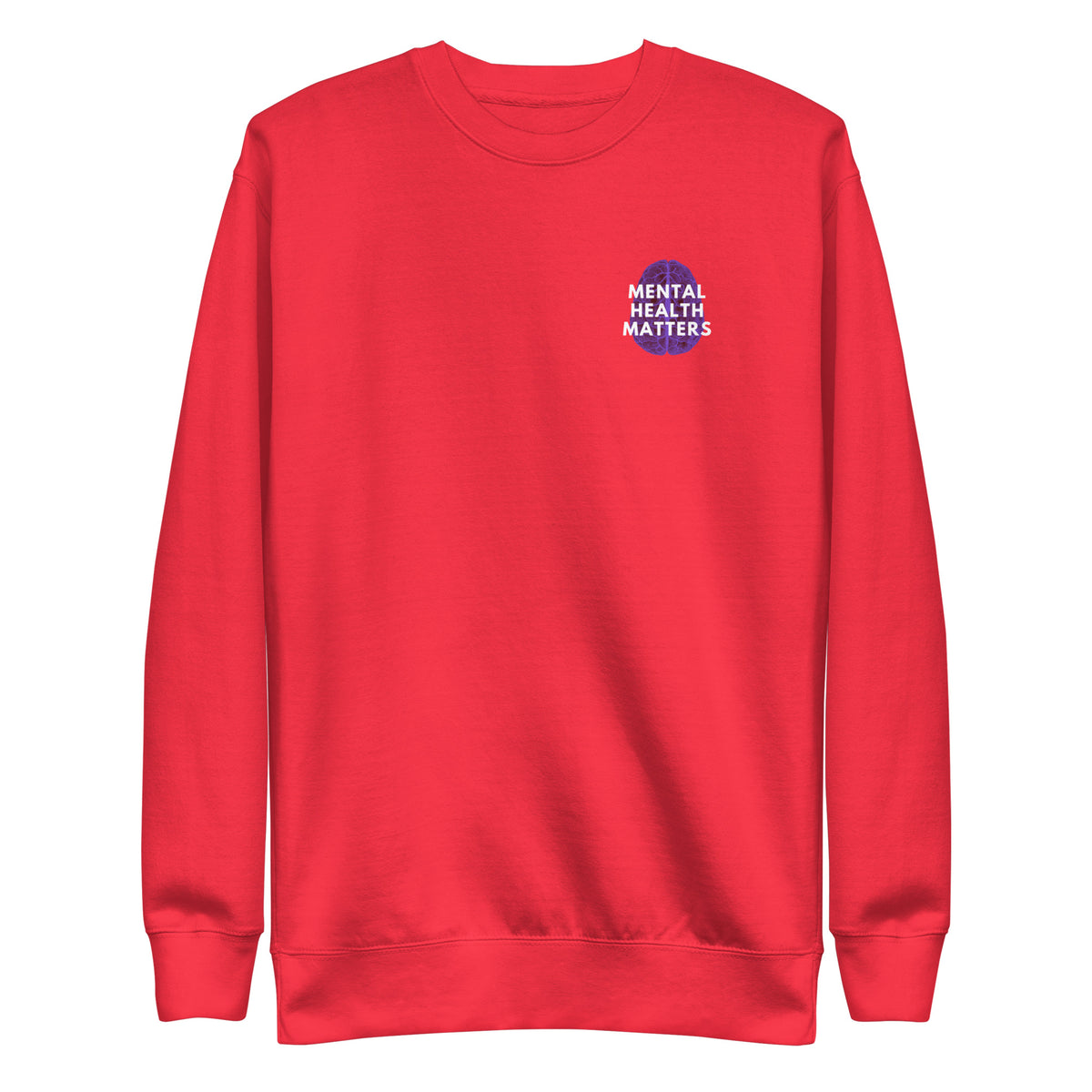 Team Red sweatshirt, front view, with a blue brain graphic and white 'Mental Health Matters' text on the chest.