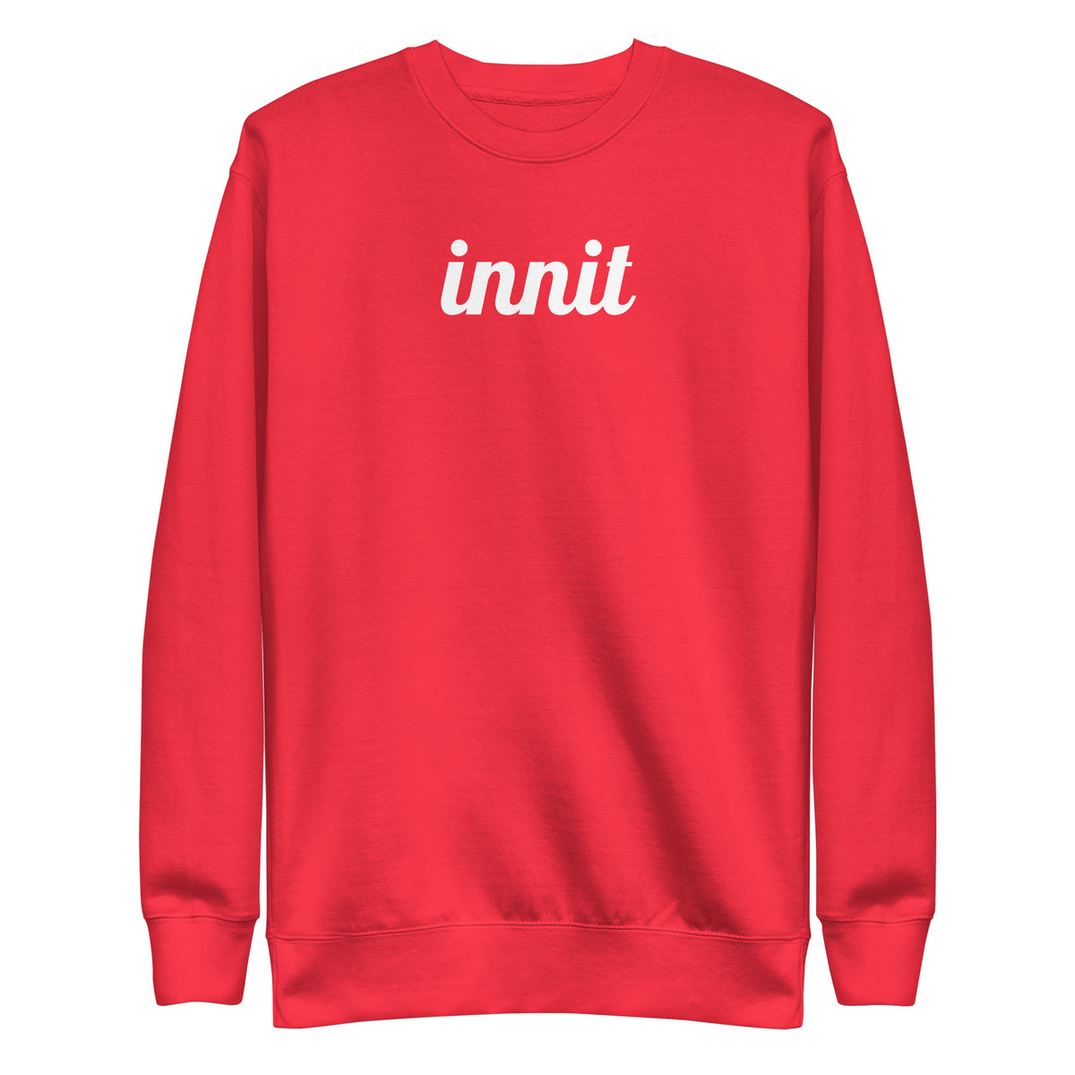 Team Red sweatshirt, front view, with white italic 'innit' lettering.