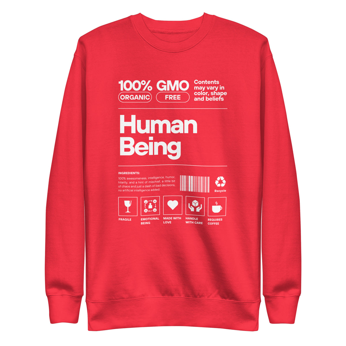 Team Red sweatshirt, front view with a white "Human Being" label-style graphic.