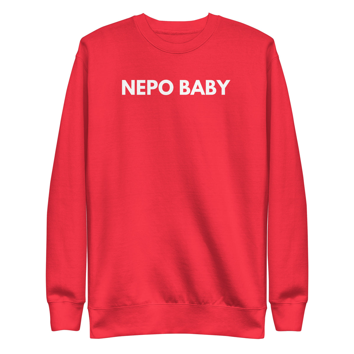 Team Red sweatshirt, front view with white "NEPO BABY" lettering.