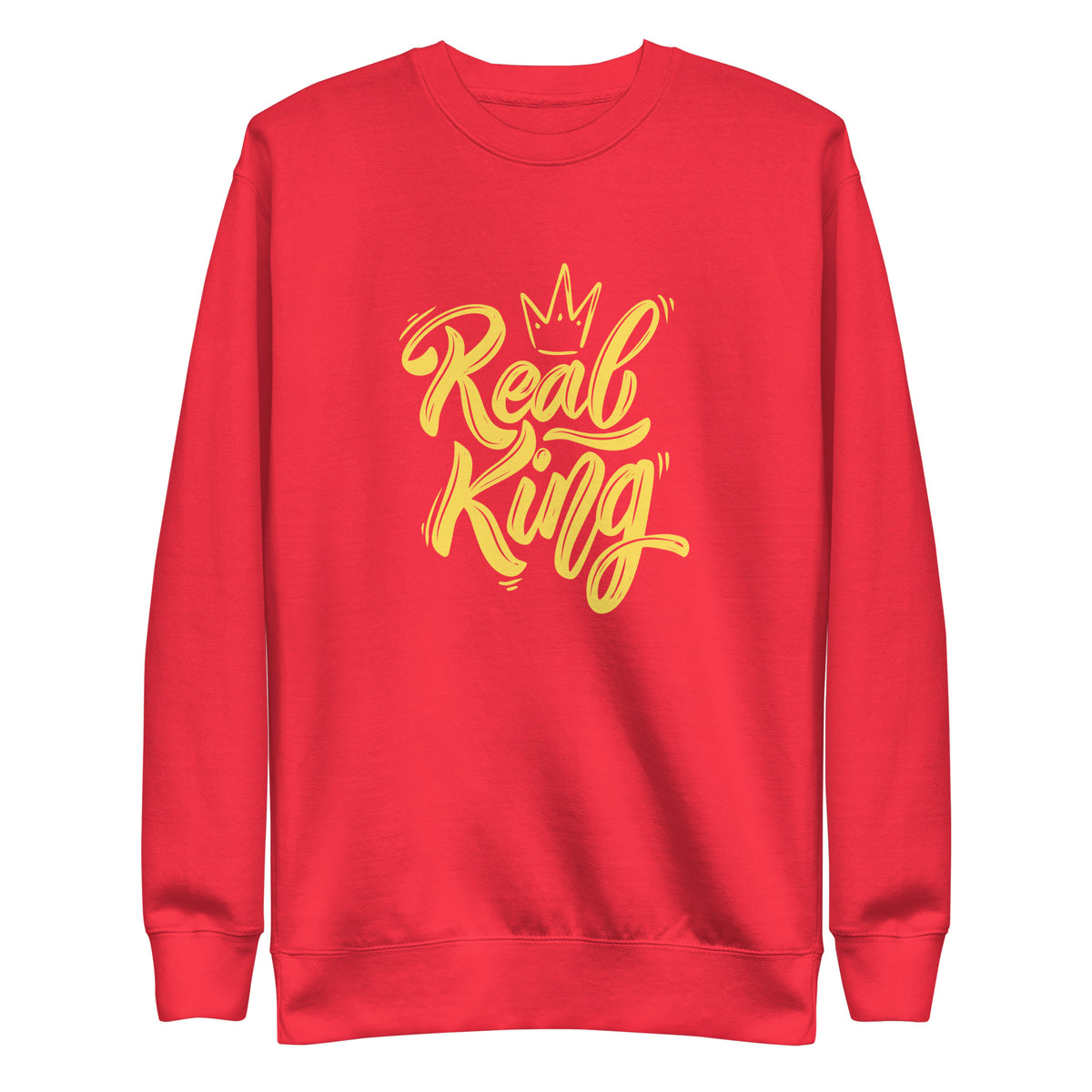 Team Red sweatshirt, front view with yellow "Real King" script and a crown graphic.