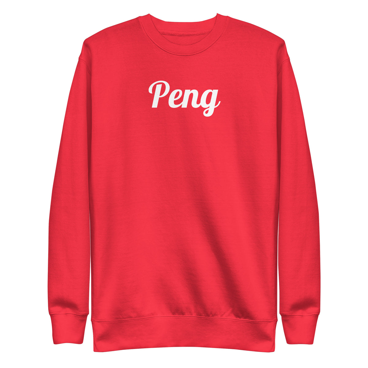 Team Red sweatshirt, front view with white "Peng" script.